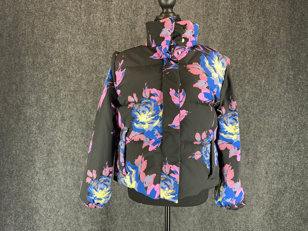 Peter Som Collective Clarice Floral Puffer Jacket Women's SZ Small Black Floral